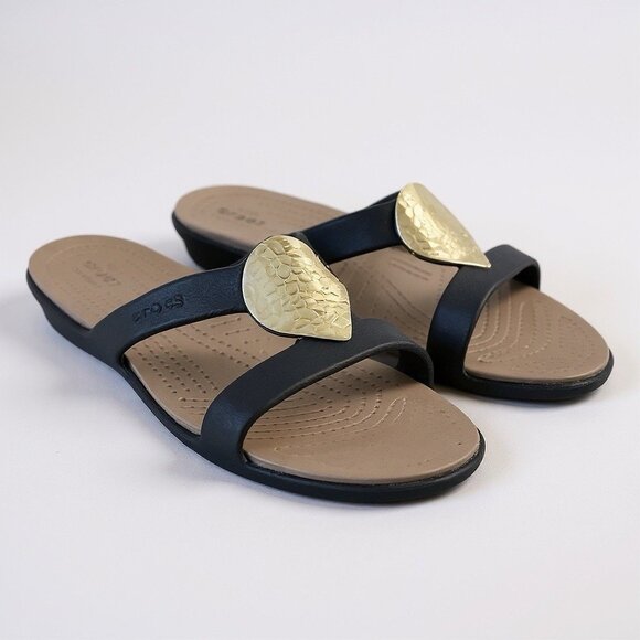 Crocs Womens Sanrah Sandal Sz 10 Brown Gold Hammered Teardrop Wedge Heel Slide - Picture 1 of 10